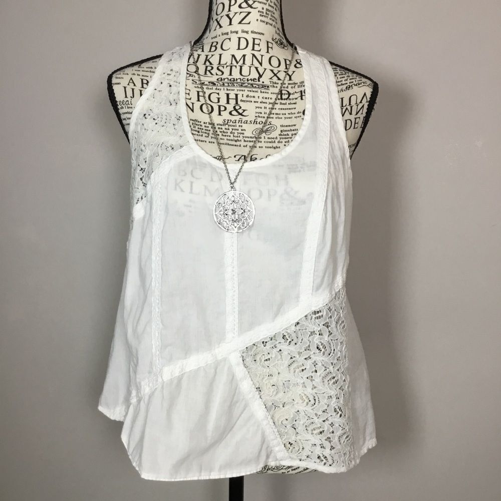 White semi sheer gauzy cotton lace sleeveless top racer back American Rag M